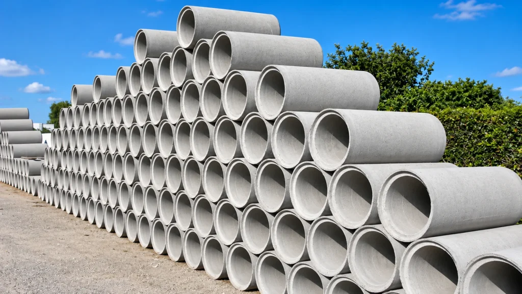 Pilha de tubos de concreto para drenagem pluvial