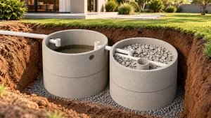 Fossa séptica e filtro de concreto instalados no terreno